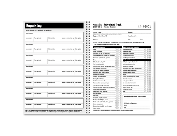articulated truck machinery inspection checklist and log book