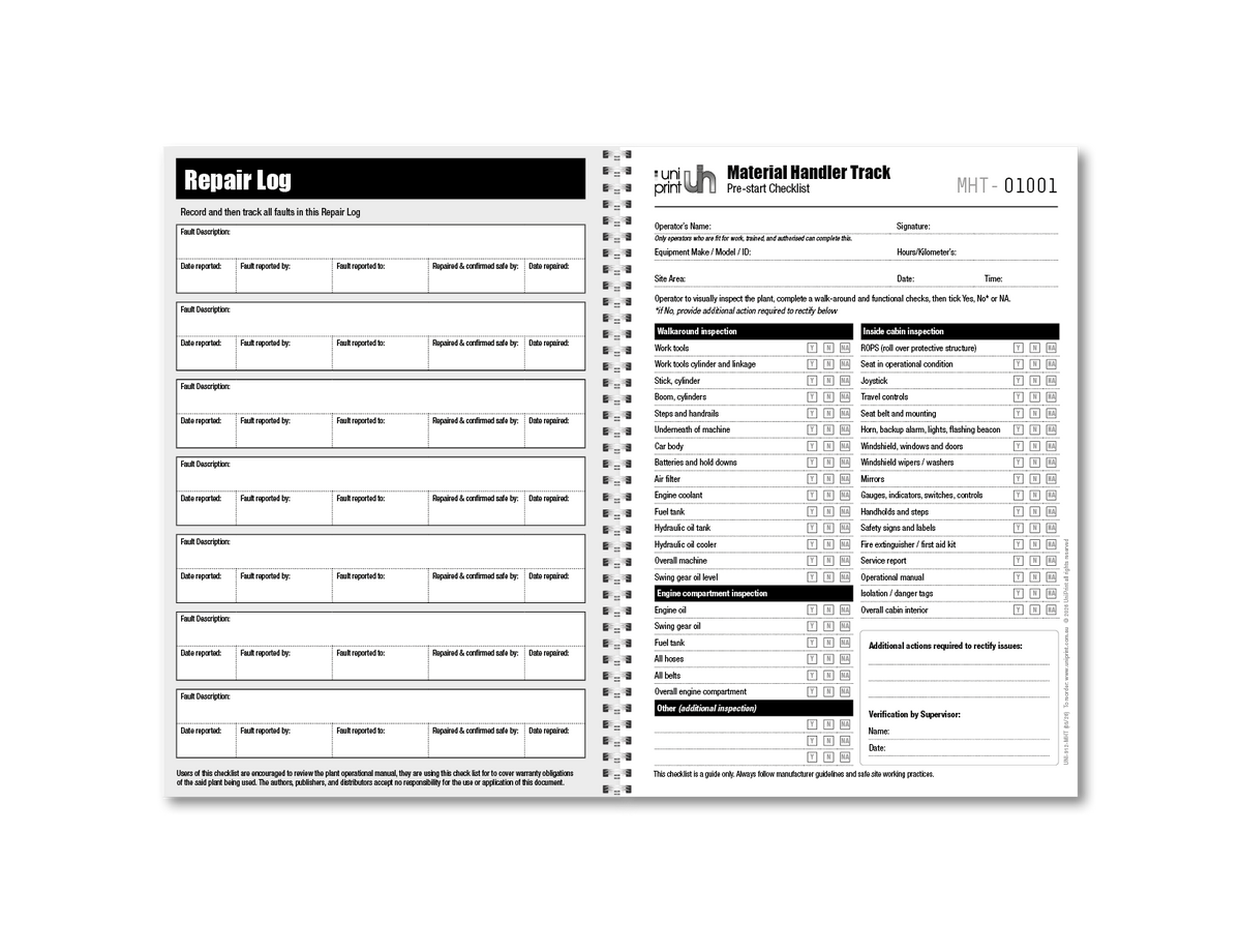 Material Handler Track (Excavator) Pre-Start Checklist Book ...
