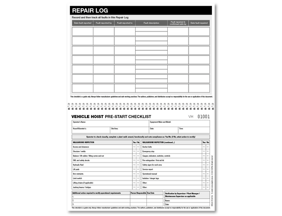 Vehicle Hoist Pre-start Checklist
