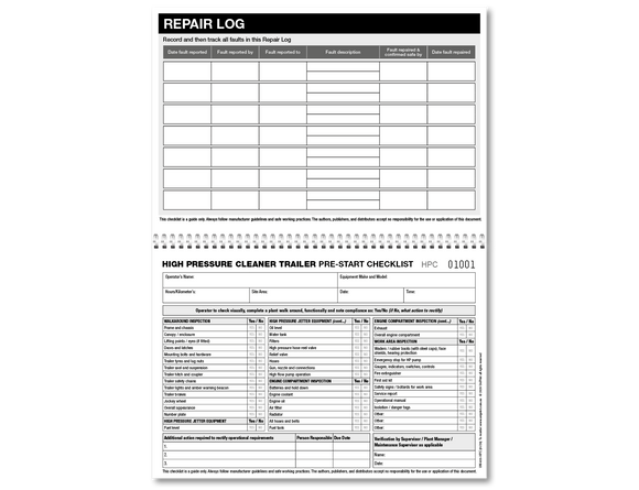 High Pressure Cleaner Trailer Pre-start Checklist